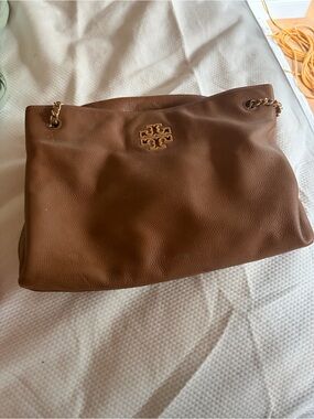 Tory Burch Cognac Leather Tote with Gold Logo and Chain Handles